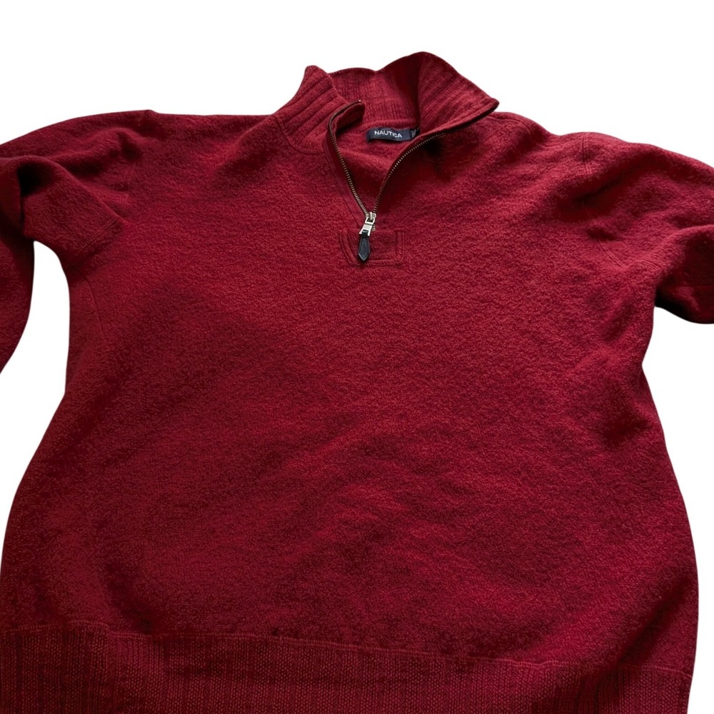 Nautica Mens XL Red 100% Wool Quarter Zip Mock Neck Textured Knit Sweater